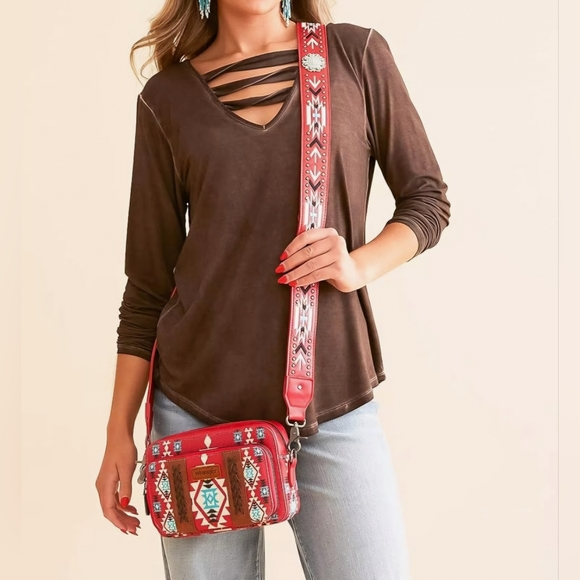 Wrangler Crossbody Bag Boho Aztec Small MultiPocket Crossover Purse, Burgundy - Picture 2 of 10